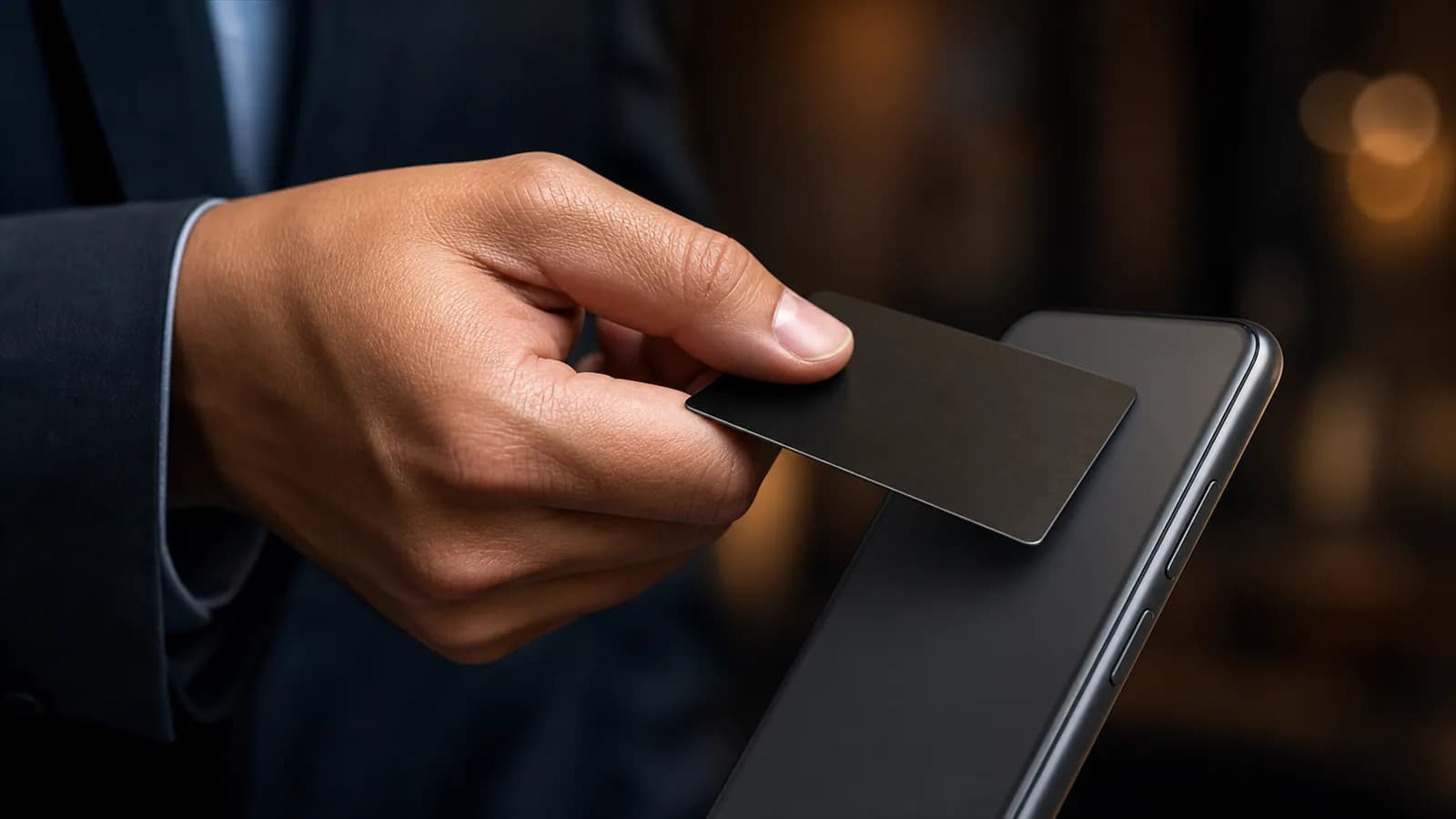 Рука подносит металлическую NFC-визитку к смартфону, на экране открывается цифровая визитка